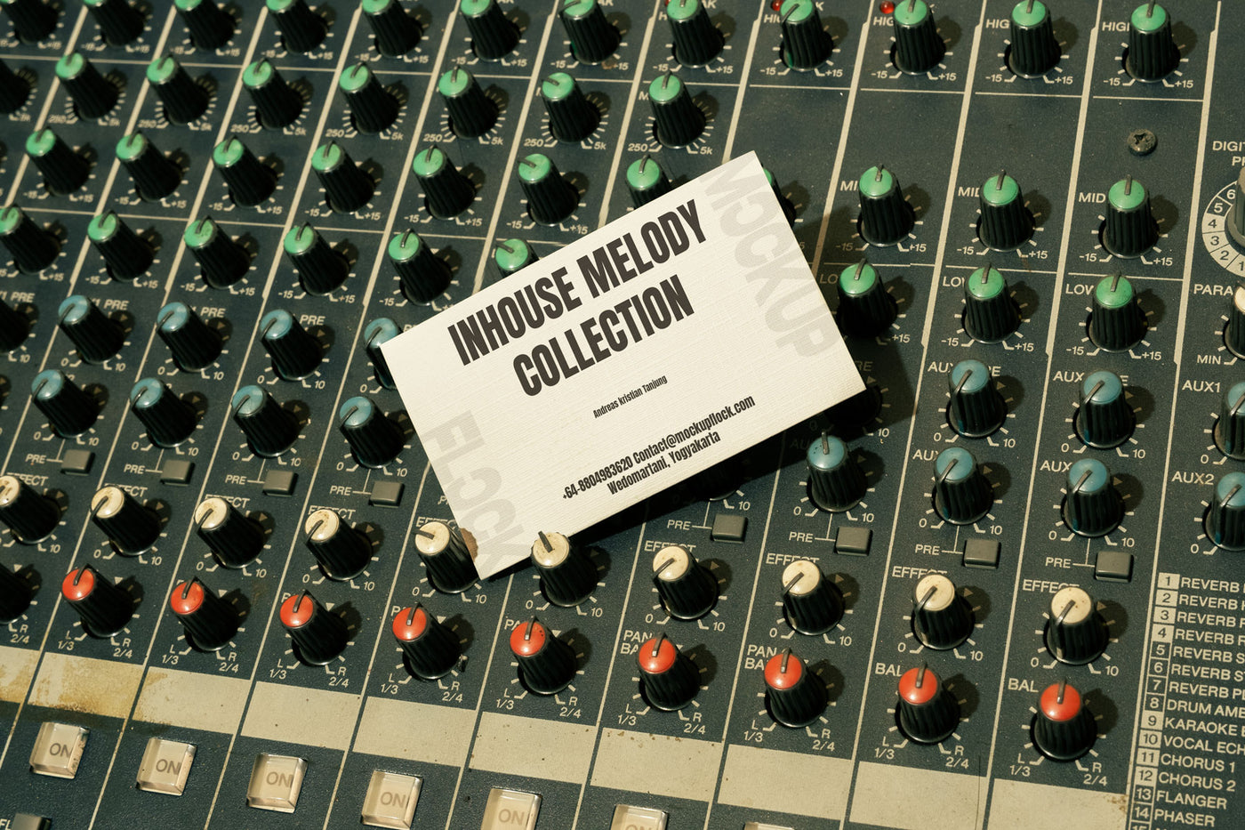 High quality business card mockup leaning on a analog mixer. Aesthetic print mockup created for Adobe Photoshop