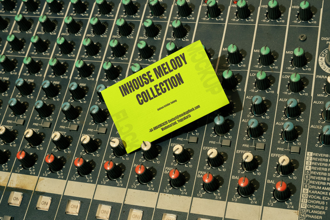 High quality business card mockup leaning on a analog mixer. Aesthetic print mockup created for Adobe Photoshop