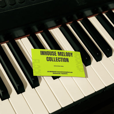 High quality business card mockup leaning on a piano. Aesthetic print mockup created for Adobe Photoshop