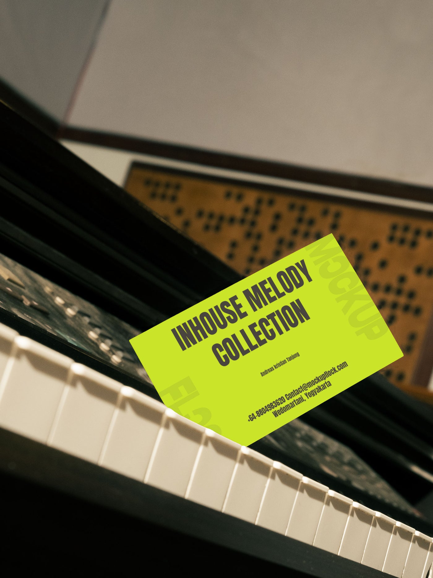 High quality business card mockup leaning on a piano. Aesthetic print mockup created for Adobe Photoshop