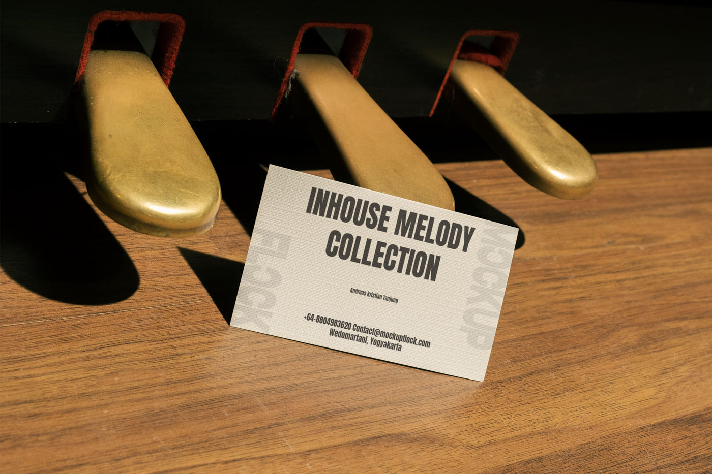 High quality business card mockup leaning on a pedal piano. Aesthetic print mockup created for Adobe Photoshop
