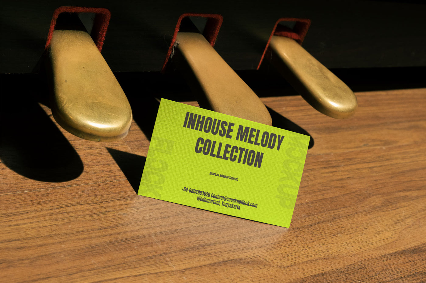 High quality business card mockup leaning on a pedal piano. Aesthetic print mockup created for Adobe Photoshop