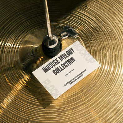 High quality business card mockup leaning on a cymbal drums. Aesthetic print mockup created for Adobe Photoshop