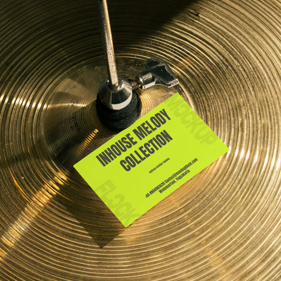 High quality business card mockup leaning on a cymbal drums. Aesthetic print mockup created for Adobe Photoshop