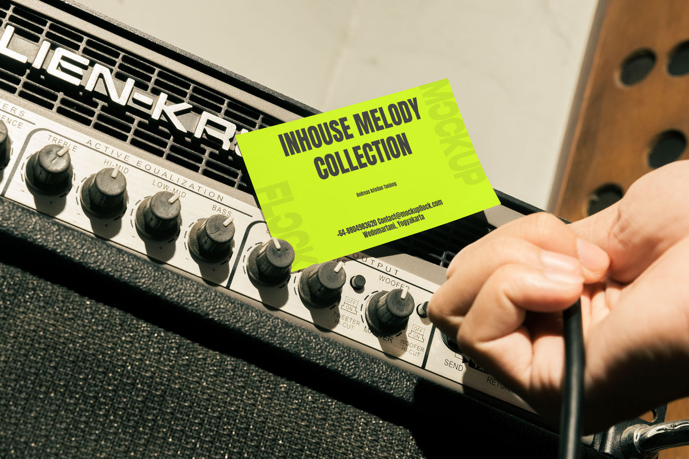 High quality business card mockup leaning on a equalizer. Aesthetic print mockup created for Adobe Photoshop
