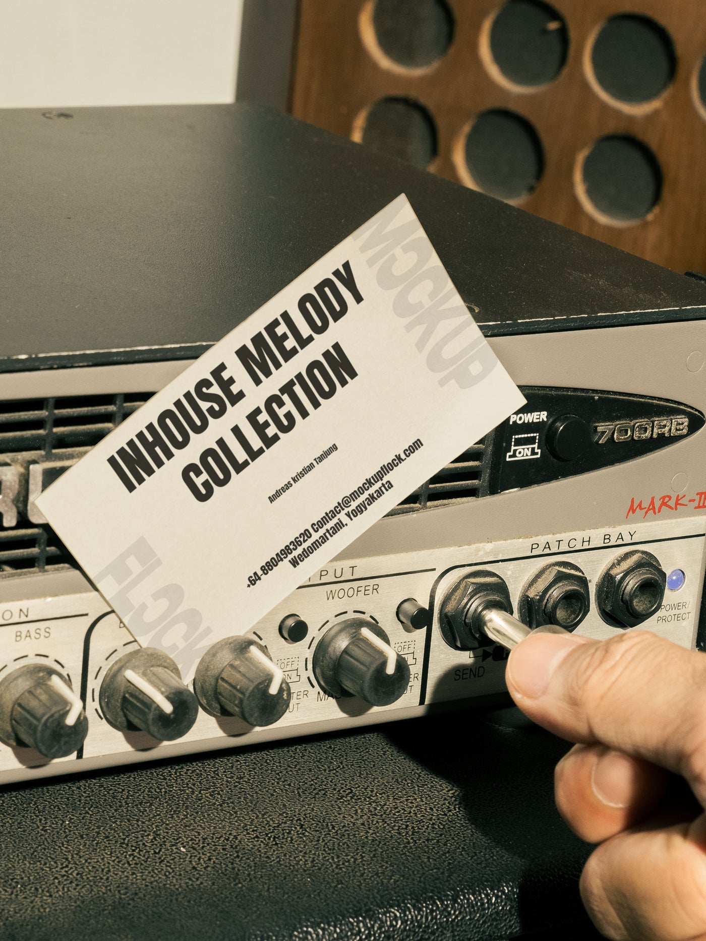 High quality business card mockup leaning on a equalizer. Aesthetic print mockup created for Adobe Photoshop