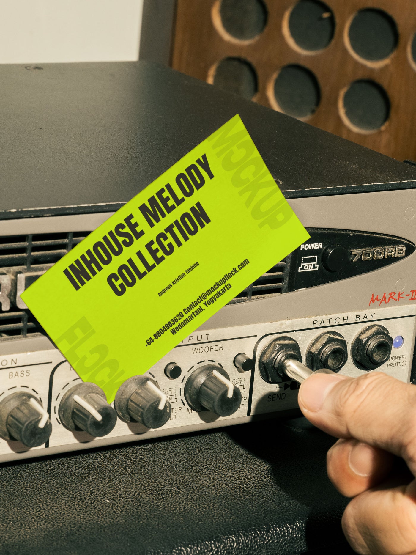 High quality business card mockup leaning on a equalizer. Aesthetic print mockup created for Adobe Photoshop