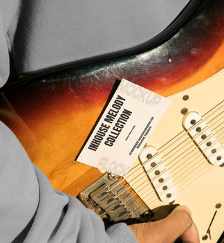 High quality business card mockup leaning on a electric guitar. Aesthetic print mockup created for Adobe Photoshop