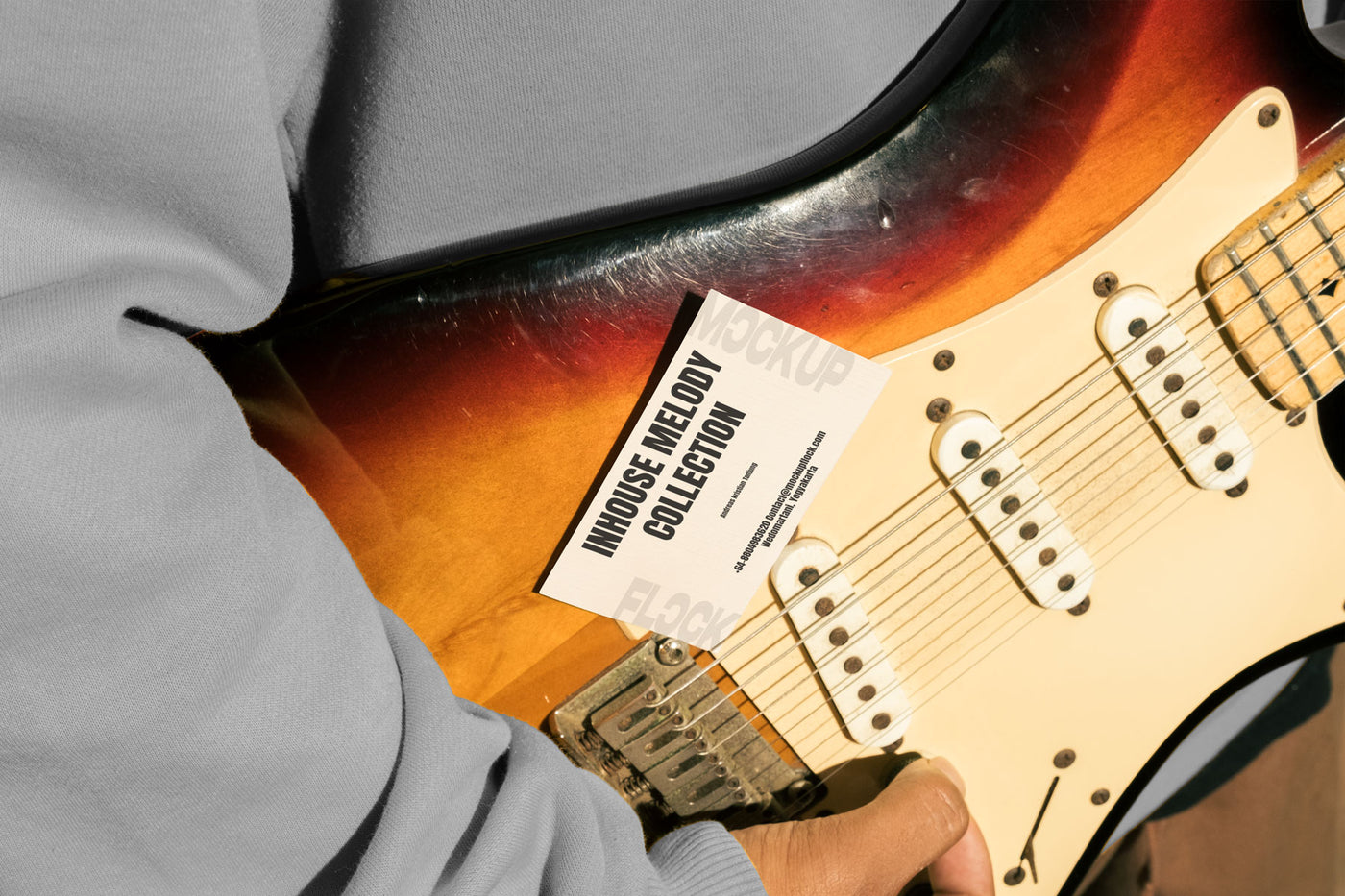 High quality business card mockup leaning on a electric guitar. Aesthetic print mockup created for Adobe Photoshop