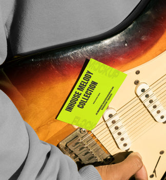 High quality business card mockup leaning on a electric guitar. Aesthetic print mockup created for Adobe Photoshop