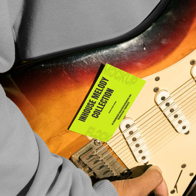 High quality business card mockup leaning on a electric guitar. Aesthetic print mockup created for Adobe Photoshop