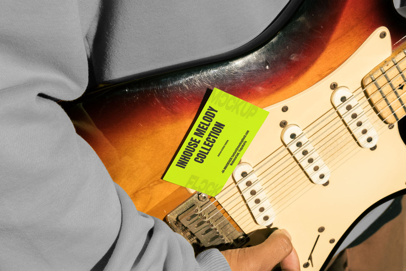 High quality business card mockup leaning on a electric guitar. Aesthetic print mockup created for Adobe Photoshop
