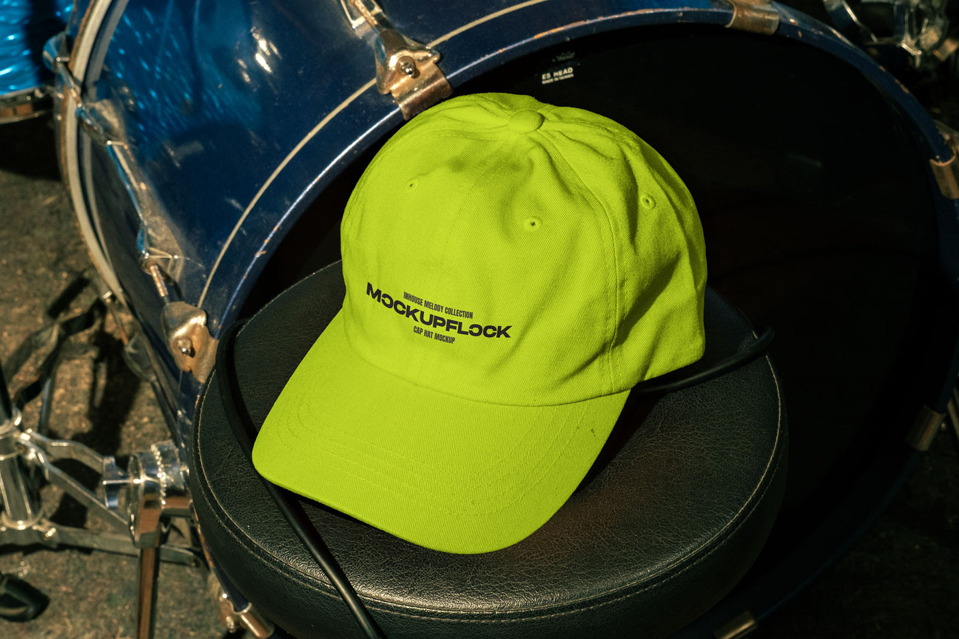 High quality hat mockup leaning on a drum throne. Aesthetic print mockup created for Adobe Photoshop