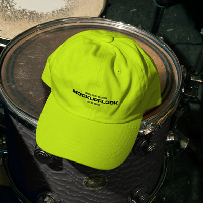 High quality hat mockup leaning on a floor tom. Aesthetic print mockup created for Adobe Photoshop
