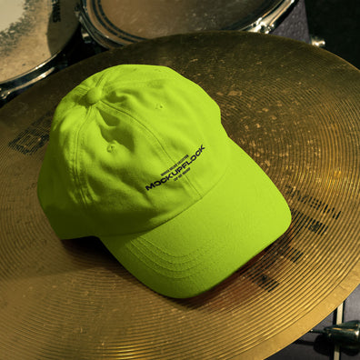 High quality cap hat mockup leaning on a cymbal drums. Aesthetic print mockup created for Adobe Photoshop