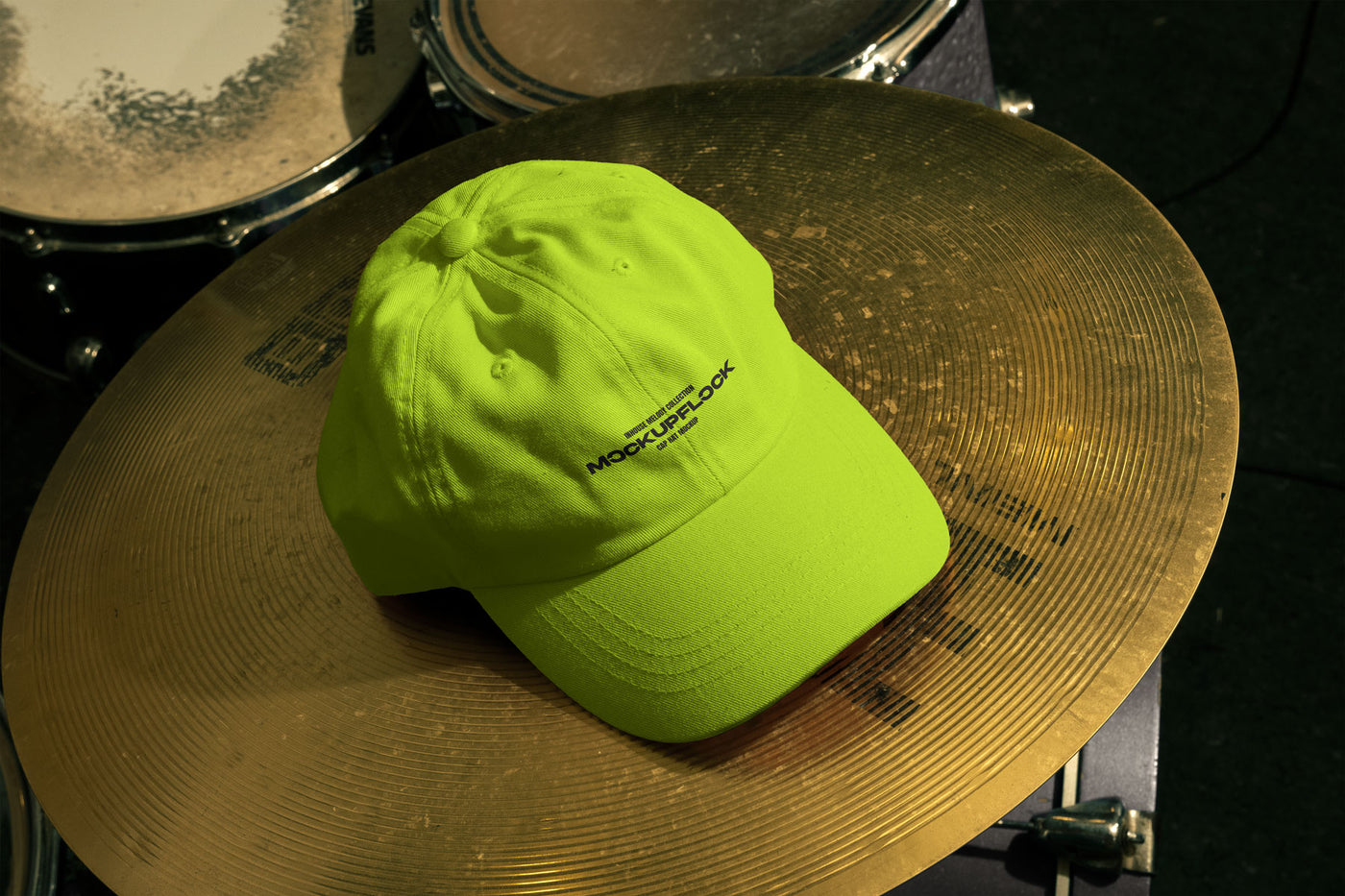 High quality cap hat mockup leaning on a cymbal drums. Aesthetic print mockup created for Adobe Photoshop