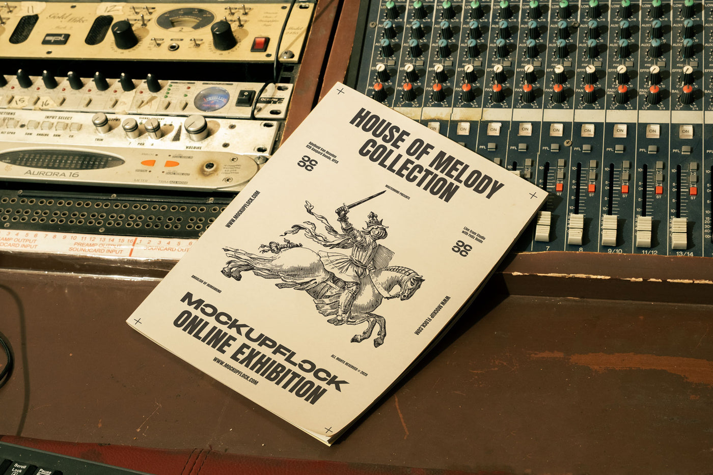 High quality magazine mockup leaning on a analog mixer. Aesthetic print mockup created for Adobe Photoshop