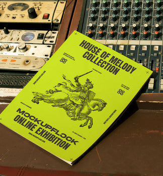 High quality magazine mockup leaning on a analog mixer. Aesthetic print mockup created for Adobe Photoshop