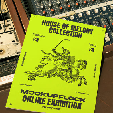 High quality magazine mockup leaning on a analog mixer. Aesthetic print mockup created for Adobe Photoshop