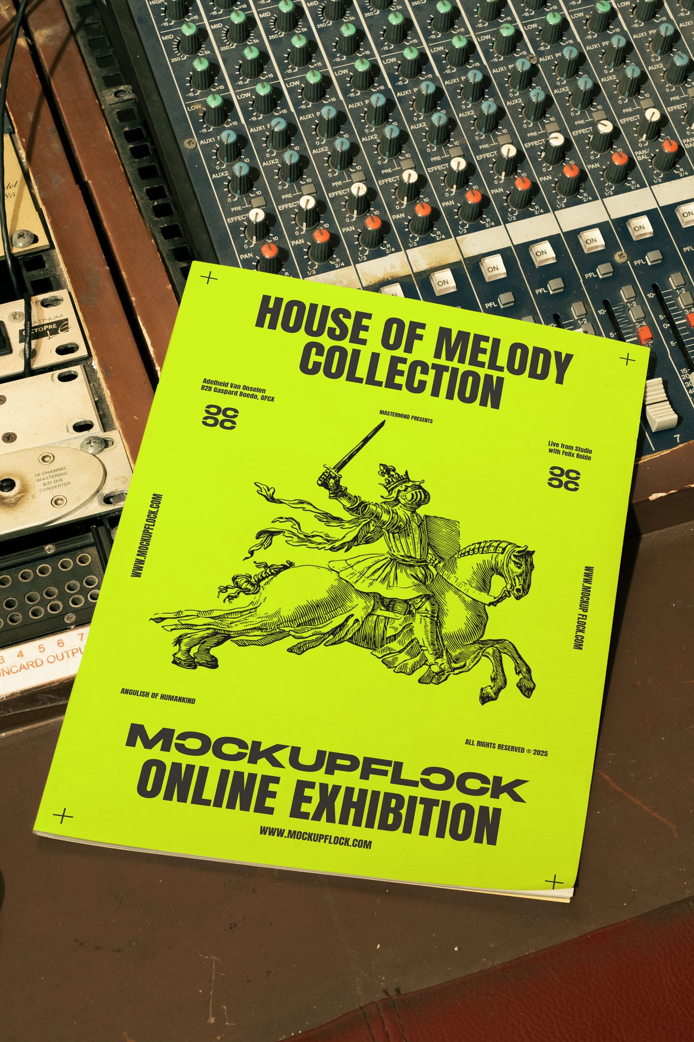 High quality magazine mockup leaning on a analog mixer. Aesthetic print mockup created for Adobe Photoshop