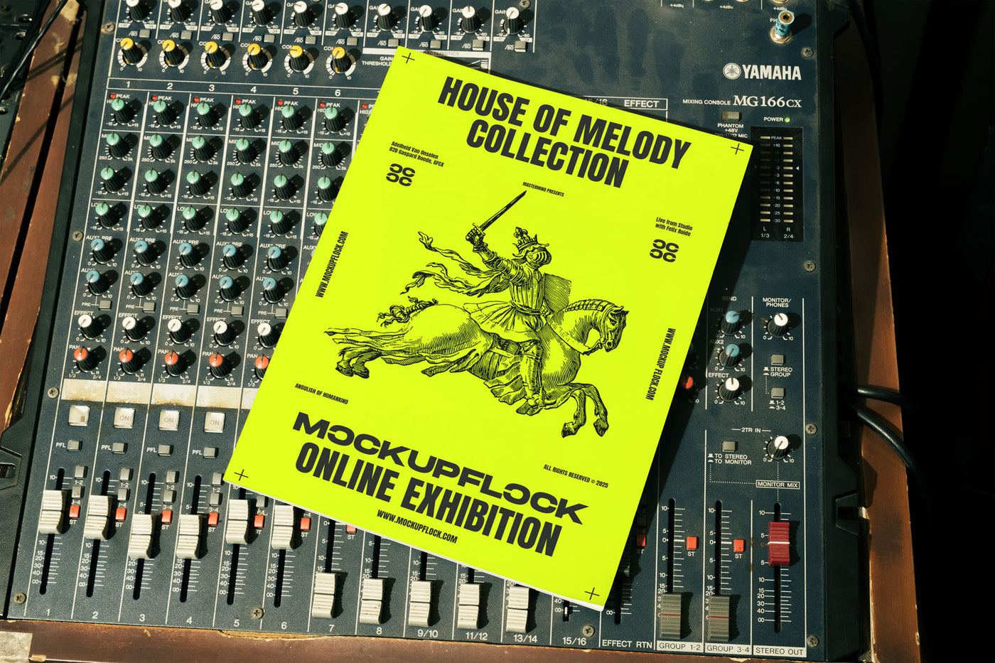 High quality magazine mockup leaning on a analog mixer. Aesthetic print mockup created for Adobe Photoshop