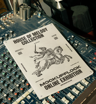High quality magazine mockup leaning on a analog mixer. Aesthetic print mockup created for Adobe Photoshop