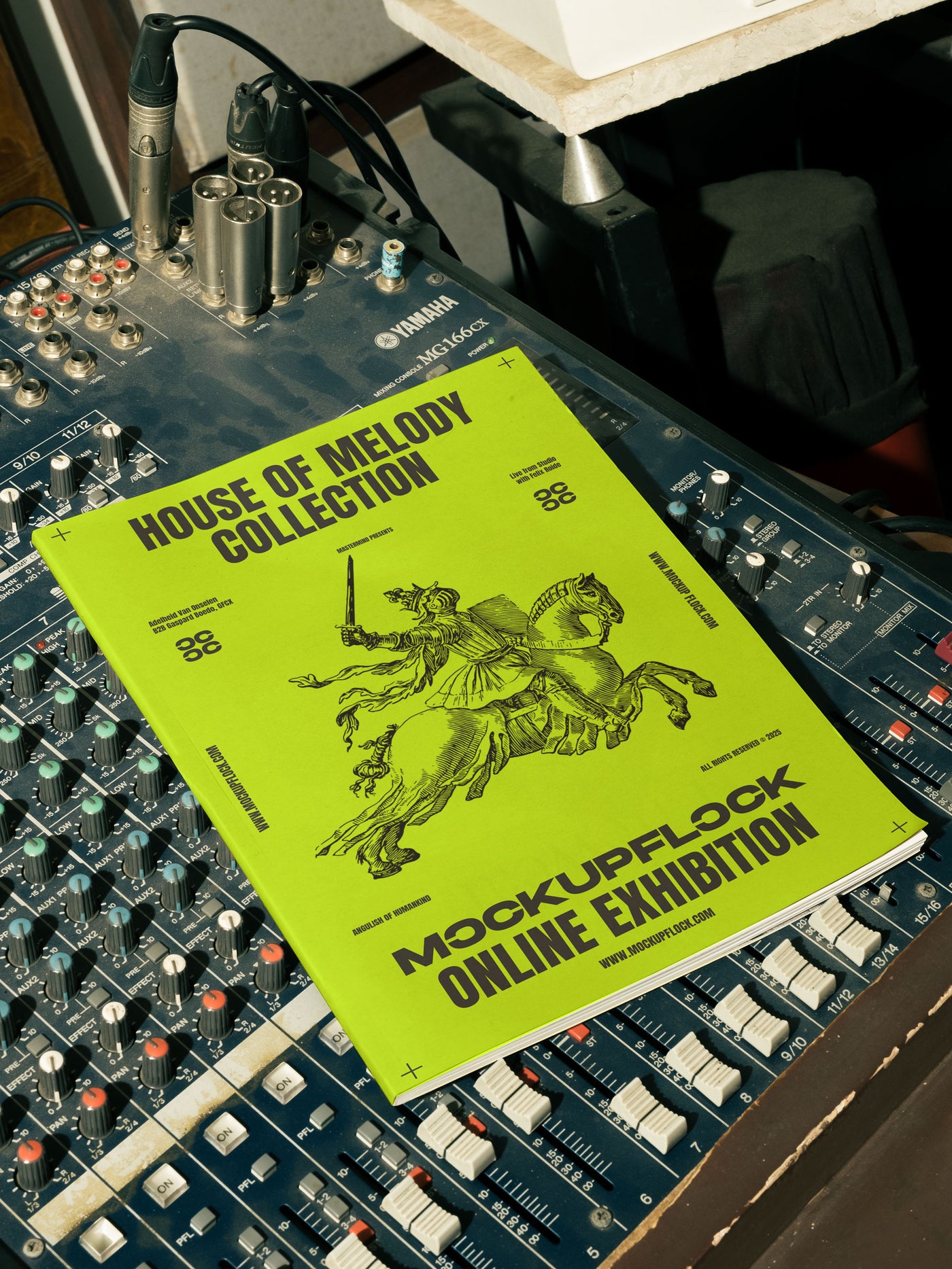 High quality magazine mockup leaning on a analog mixer. Aesthetic print mockup created for Adobe Photoshop