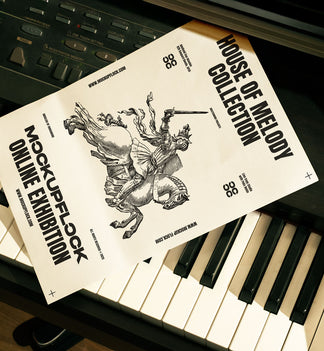High quality poster mockup leaning on a piano. Aesthetic print mockup created for Adobe Photoshop