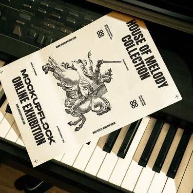 High quality poster mockup leaning on a piano. Aesthetic print mockup created for Adobe Photoshop