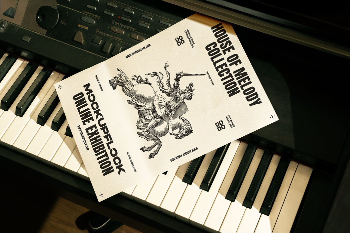 High quality poster mockup leaning on a piano. Aesthetic print mockup created for Adobe Photoshop