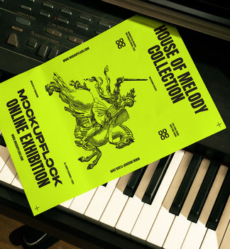 High quality poster mockup leaning on a piano. Aesthetic print mockup created for Adobe Photoshop