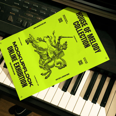 High quality poster mockup leaning on a piano. Aesthetic print mockup created for Adobe Photoshop