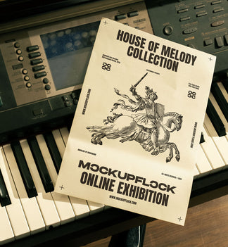 High quality poster mockup leaning on a piano. Aesthetic print mockup created for Adobe Photoshop