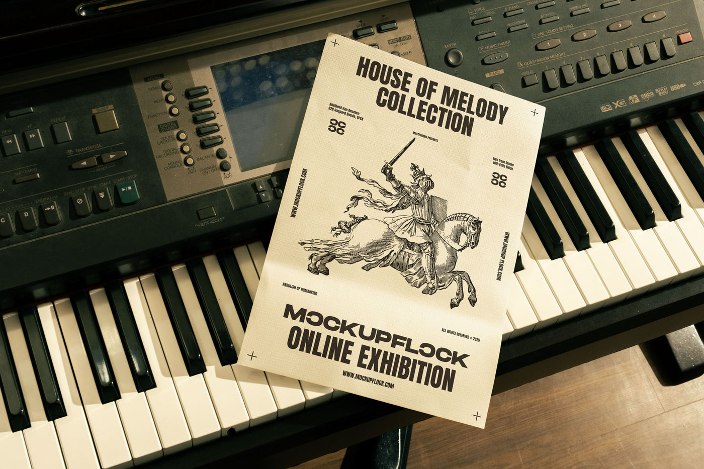High quality poster mockup leaning on a piano. Aesthetic print mockup created for Adobe Photoshop