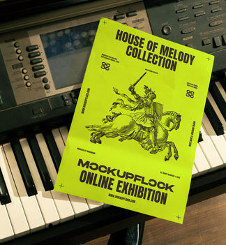 High quality poster mockup leaning on a piano. Aesthetic print mockup created for Adobe Photoshop