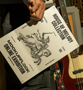 High quality poster mockup of someone holding a poster in a music studio. Aesthetic print mockup created for Adobe Photoshop