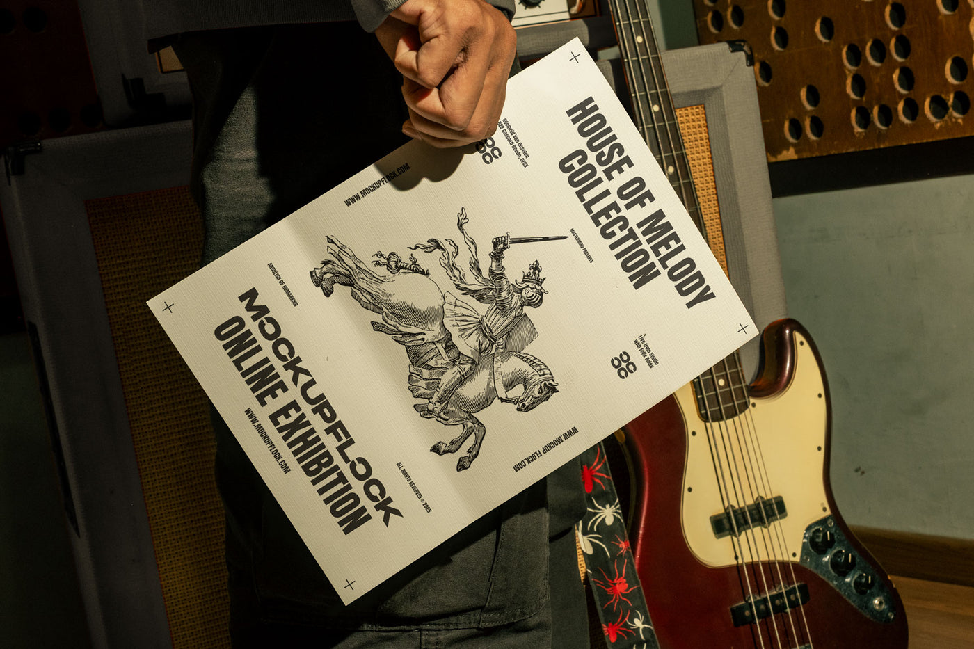 High quality poster mockup of someone holding a poster in a music studio. Aesthetic print mockup created for Adobe Photoshop