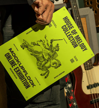 High quality poster mockup of someone holding a poster in a music studio. Aesthetic print mockup created for Adobe Photoshop
