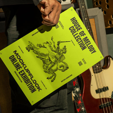 High quality poster mockup of someone holding a poster in a music studio. Aesthetic print mockup created for Adobe Photoshop