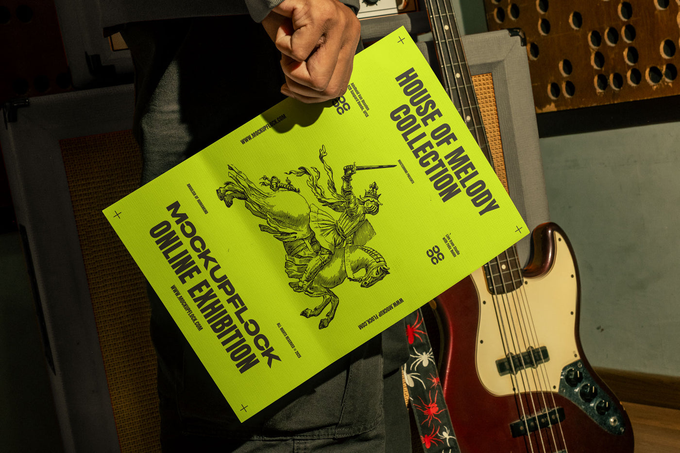 High quality poster mockup of someone holding a poster in a music studio. Aesthetic print mockup created for Adobe Photoshop