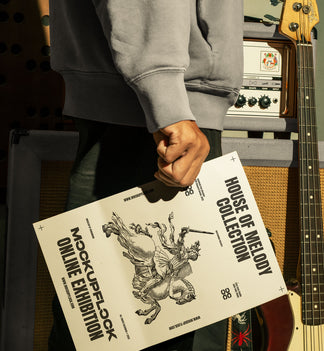 High quality poster mockup of someone holding a poster in a music studio. Aesthetic print mockup created for Adobe Photoshop