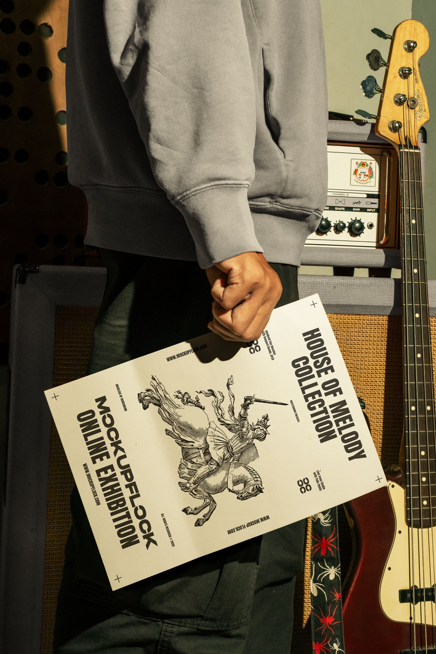 High quality poster mockup of someone holding a poster in a music studio. Aesthetic print mockup created for Adobe Photoshop