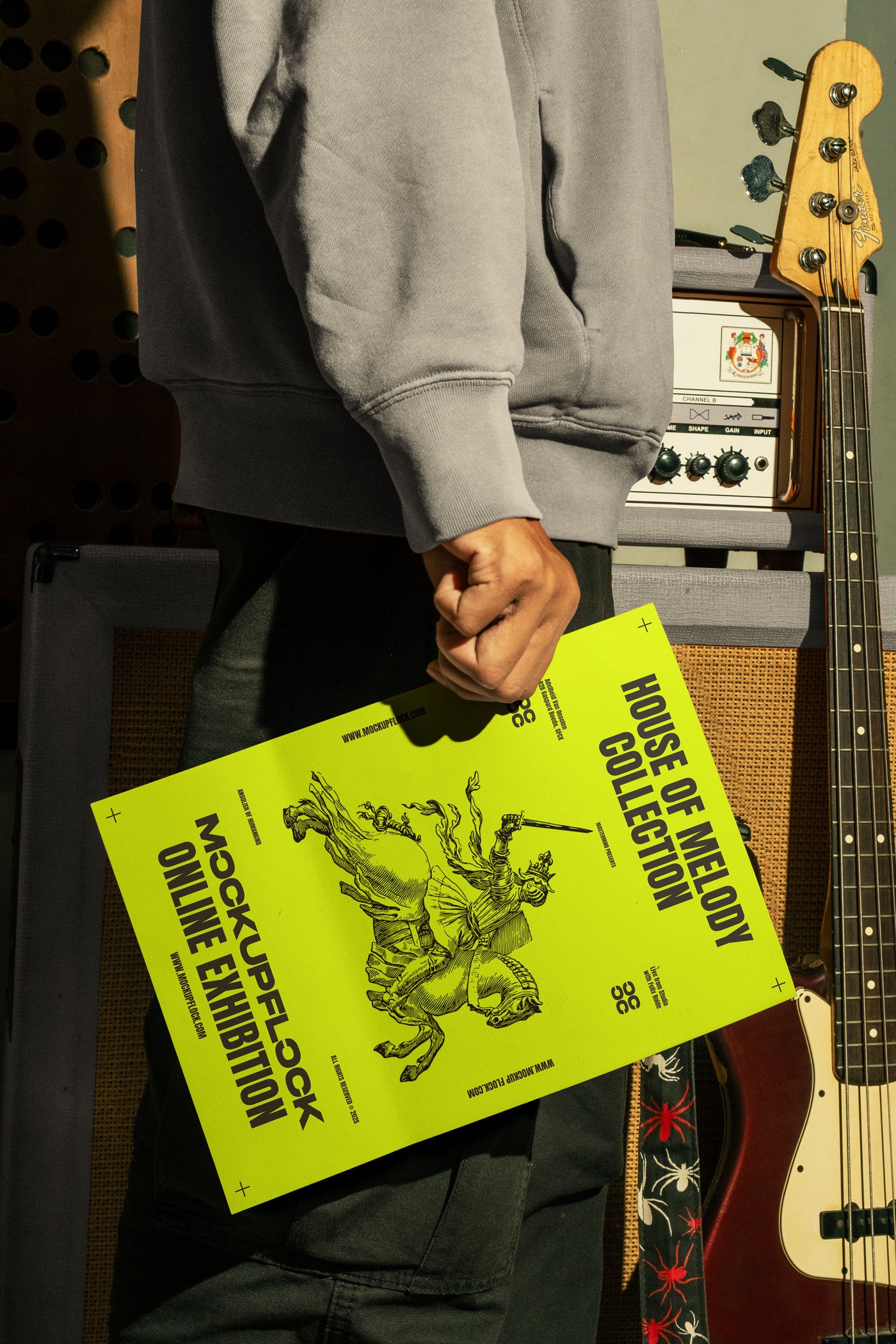 High quality poster mockup of someone holding a poster in a music studio. Aesthetic print mockup created for Adobe Photoshop