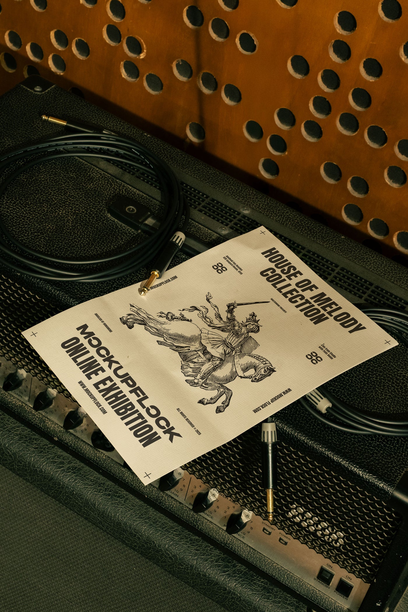 High quality poster mockup leaning on a equalizer. Aesthetic print mockup created for Adobe Photoshop