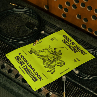 High quality poster mockup leaning on a equalizer. Aesthetic print mockup created for Adobe Photoshop