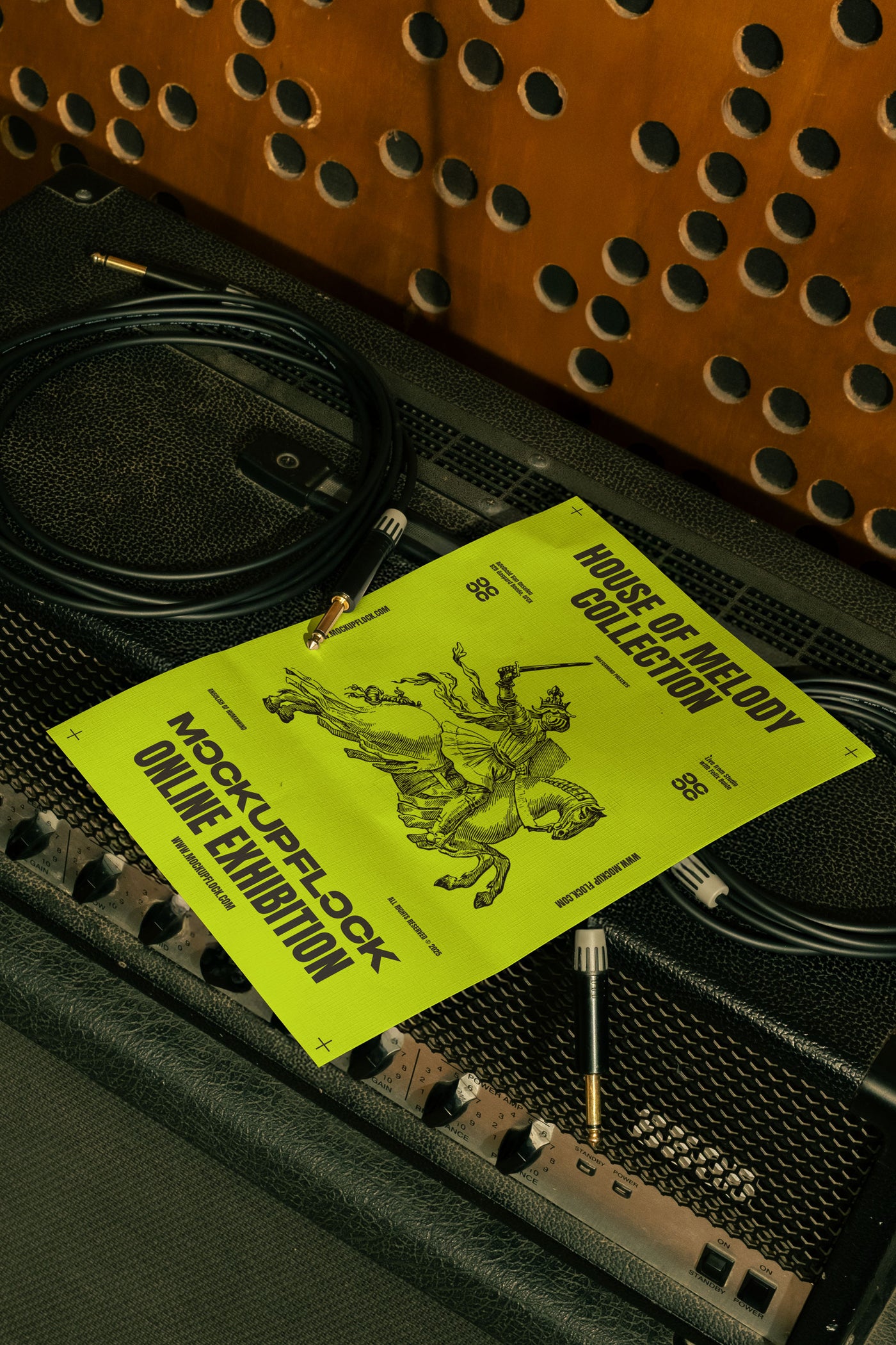 High quality poster mockup leaning on a equalizer. Aesthetic print mockup created for Adobe Photoshop