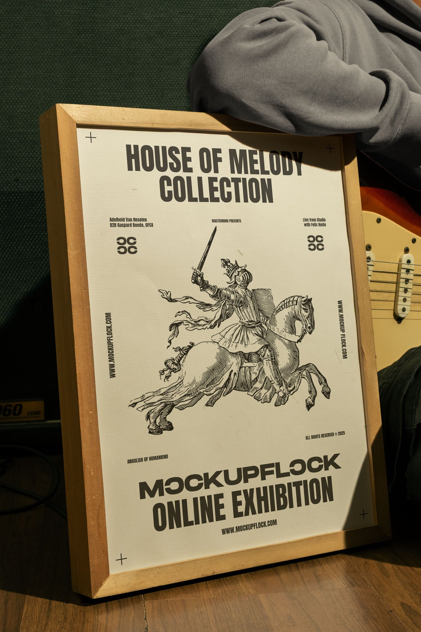 High quality poster mockup of someone lean a poster frame in a music studio. Aesthetic print mockup created for Adobe Photoshop