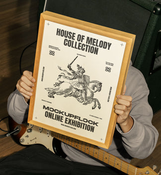 High quality poster mockup of someone holding a poster frame in a music studio. Aesthetic print mockup created for Adobe Photoshop