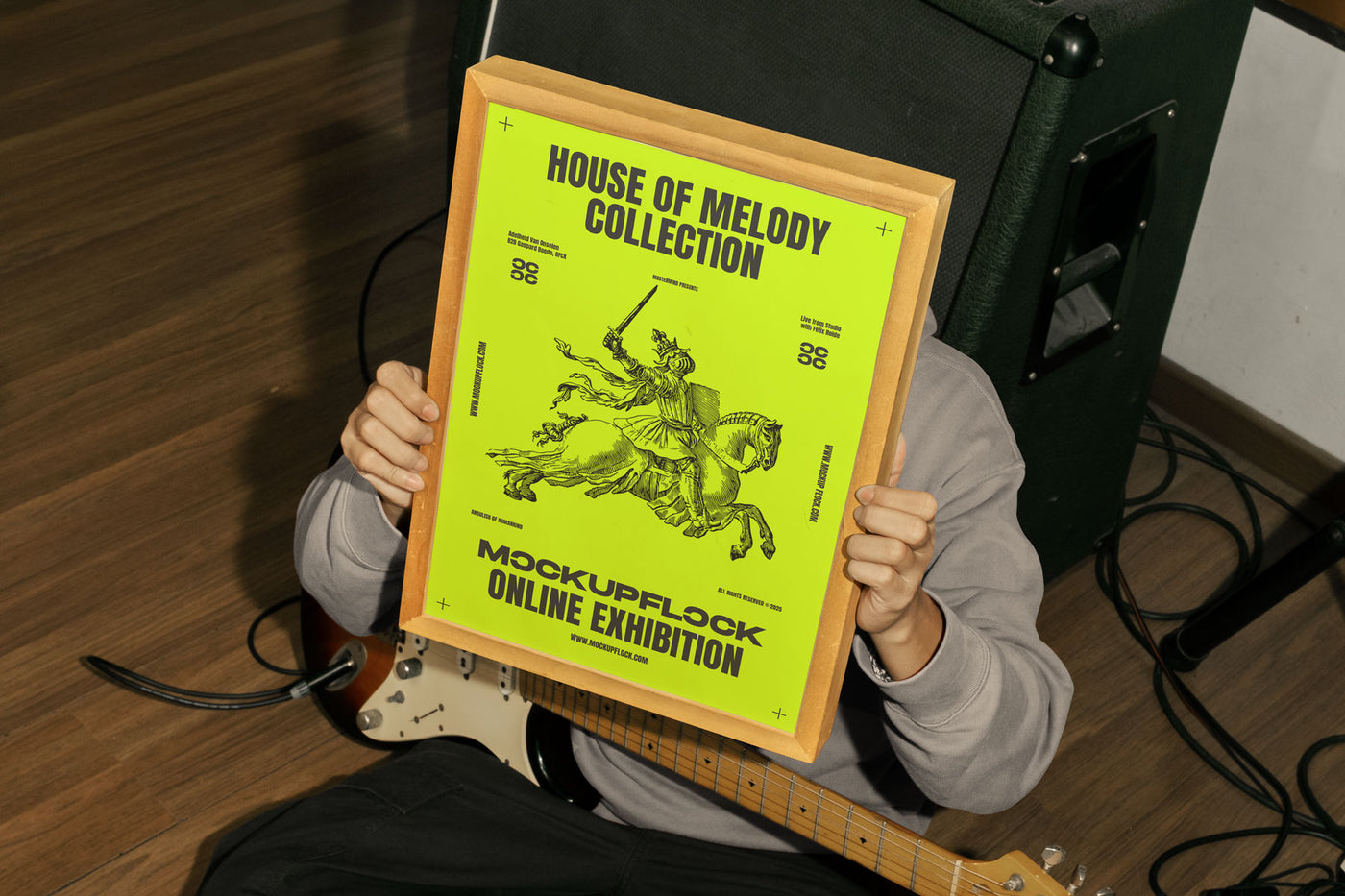 High quality poster mockup of someone holding a poster frame in a music studio. Aesthetic print mockup created for Adobe Photoshop