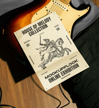 High quality poster mockup leaning on a person who holding a guitar electric in a music studio. Aesthetic print mockup created for Adobe Photoshop